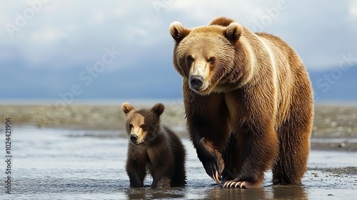 A mother Alaskan coastal brown bear and her cub observing for fish along Silver Salmon Creek in Lake Clark National Park, Alaska.