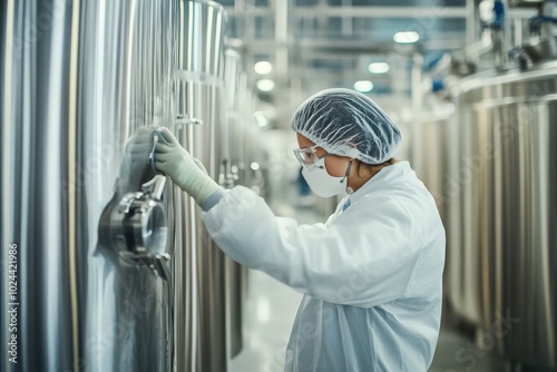 A highly sterile and modern pharmaceutical manufacturing facility with a worker dressed