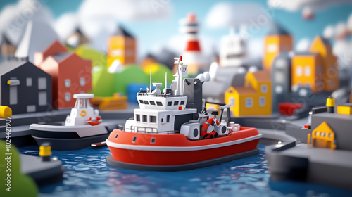 Basic 3D illustration of a busy harbor with ships