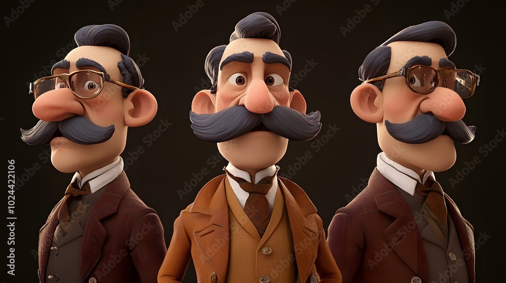 Three cartoon men with mustaches and glasses in various expressions. Three cartoon men with mustaches and glasses in various expressions.
