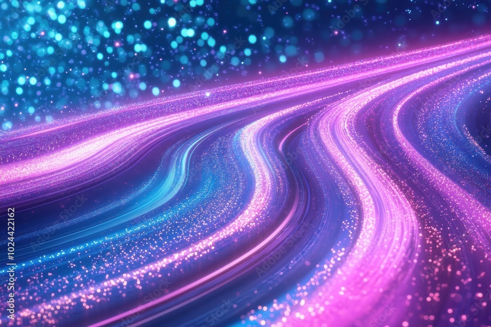 Sparkling digital waves in neon blue pink hues Sparkling digital waves in neon blue pink hues