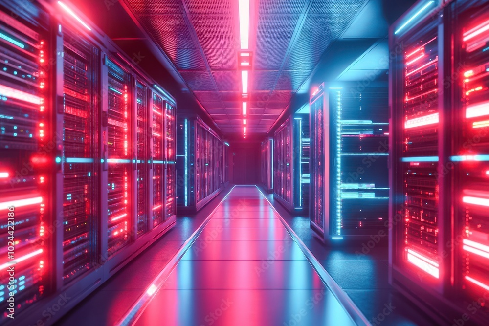 A high-tech server room filled with racks of glowing servers emitting bright red and blue