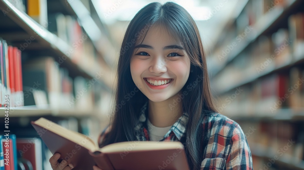Asian student smiles while reading in library. Asian student smiles while reading in library.