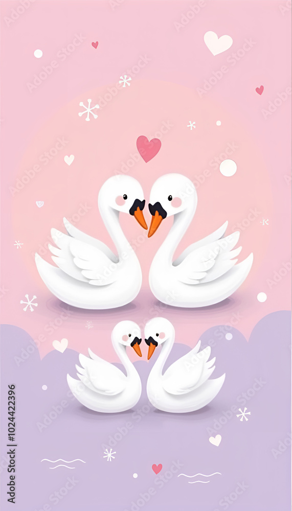 Adorable swan family with heart shapes on pink and purple background Adorable swan family with heart shapes on pink and purple background