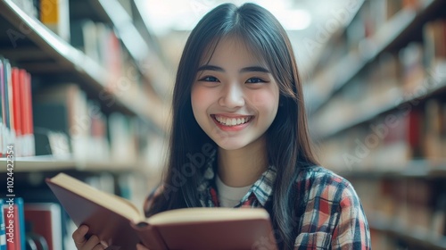 Asian student smiles while reading in library.