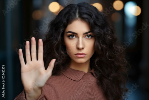 portrait of beautiful young woman with curly hair showing stop gesture in office