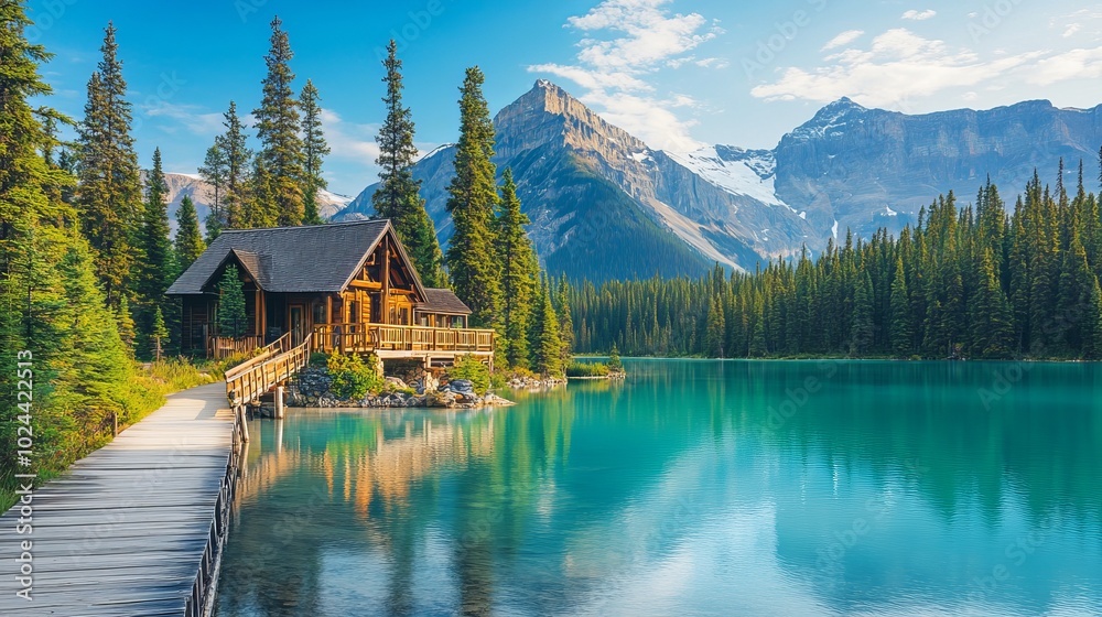 Fototapeta premium Scenic view of the Rocky Mountains featuring a wooden bridge and a building by Emerald Lake in Yoho National Park, British Columbia, Canada.