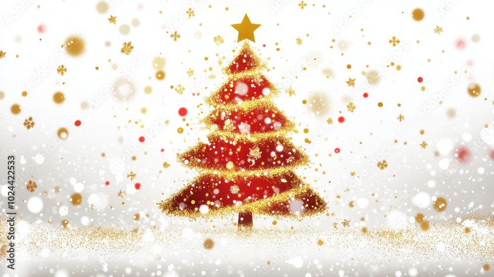 A vibrant red Christmas tree adorned with golden sparkles and a star on top, surrounded by festive confetti. A vibrant red Christmas tree adorned with golden sparkles and a star on top, surrounded by festive confetti.