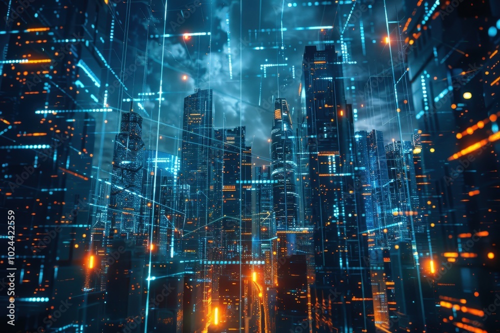 A cityscape with many buildings lit up in red and blue, generative ai image A cityscape with many buildings lit up in red and blue, generative ai image