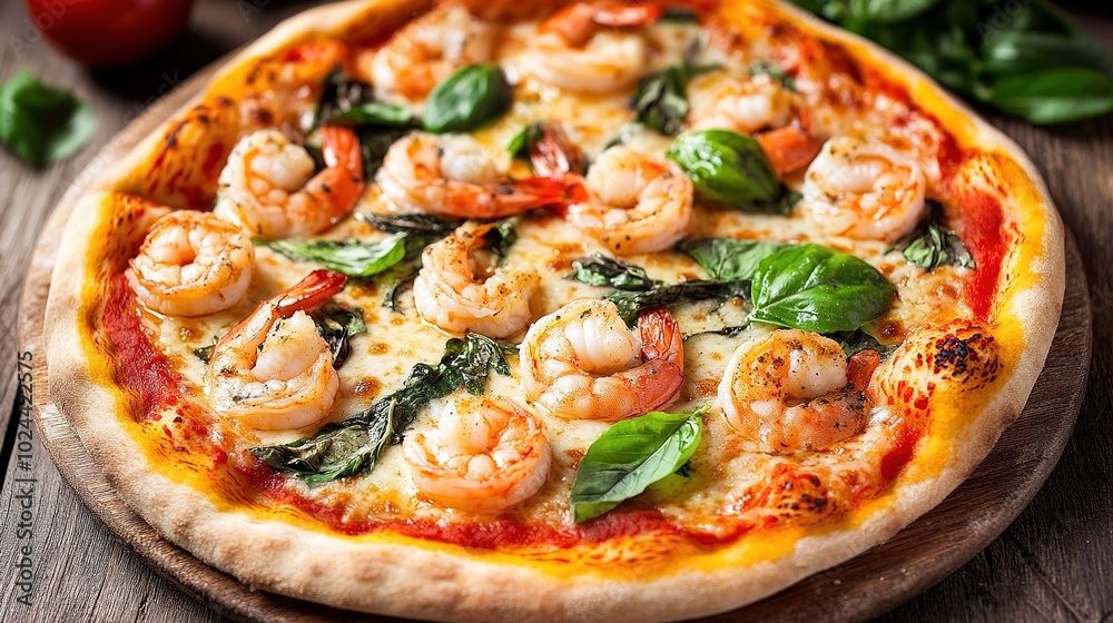 A delicious pizza topped with succulent shrimp, featuring a golden, crispy crust. The pizza is generously adorned with melted cheese, vibrant red tomato sauce, and fresh herbs, creating a mouthwaterin