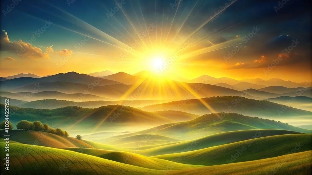 Low angle view of abstract landscape with hills, mountains, and sun Low angle view of abstract landscape with hills, mountains, and sun