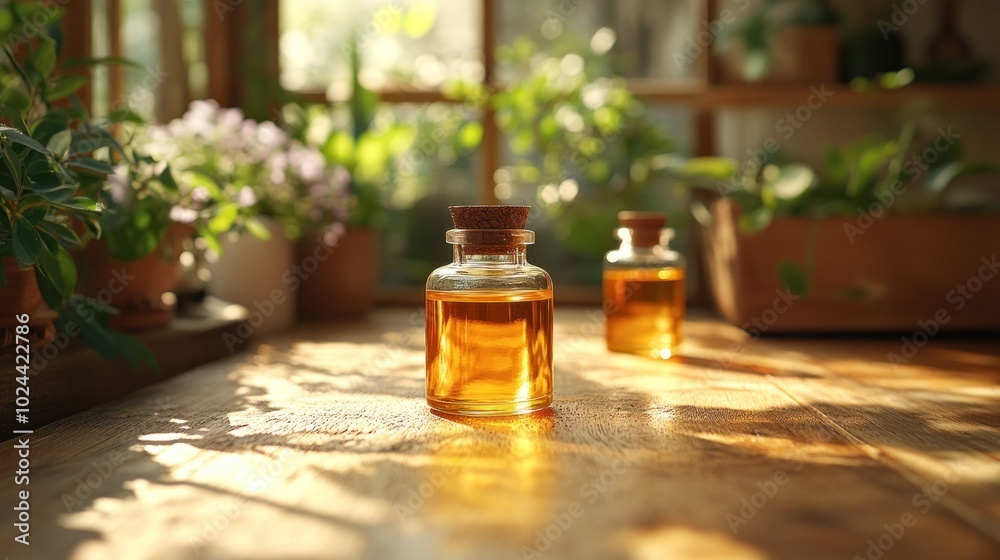 Two glass bottles of oil with cork stoppers sit on a wooden table in a sunlit room. Two glass bottles of oil with cork stoppers sit on a wooden table in a sunlit room.