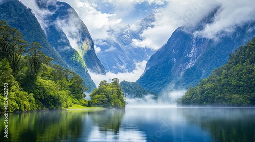 The magnificent Doubtful Sound fjord in Fiordland National Park, South Island, New Zealand. Mist-covered mountains, verdant forests, and calm waters combine to create a peaceful, pristine natural retr