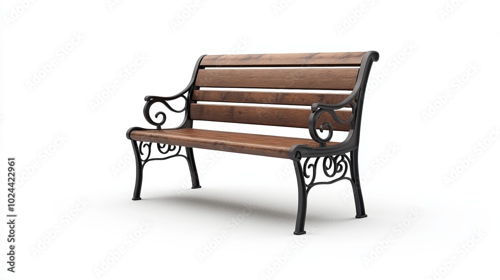 A classic park bench, crafted from sturdy wood with a natural finish, is showcased in isolation against a clean white background. A classic park bench, crafted from sturdy wood with a natural finish, is showcased in isolation against a clean white background.