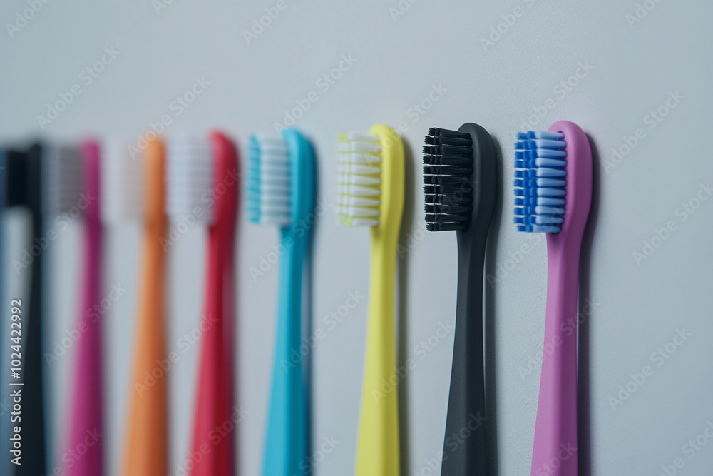 Set of colored toothbrushes on gray background. Lined up Set of colored toothbrushes on gray background. Lined up