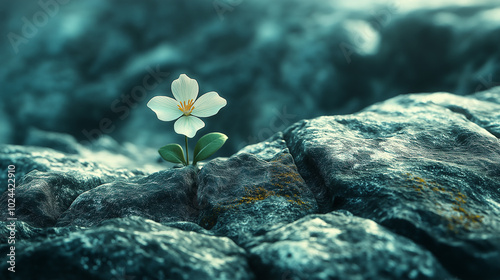 A small white flower emerges triumphantly between rough, dark stones, showcasing the beauty of nature's resilience and the fragility of life, copy space