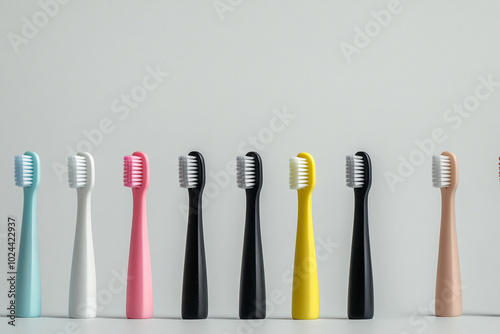 Set of colored toothbrushes on gray background. Lined up