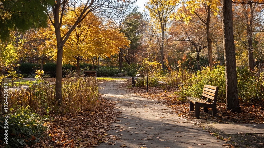 A serene park path gently winds through a landscape bathed in the warm hues of golden autumn foliage. A serene park path gently winds through a landscape bathed in the warm hues of golden autumn foliage.