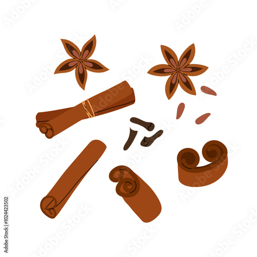 Spice Set. Dried cinnamon, cloves and aniseed. An ingredient for drinks, baking or other cooking. Natural Indian spice. Set of flat vector illustration.