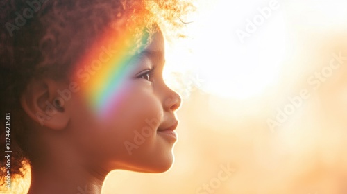 A child's face softly illuminated by a rainbow in bright sunlight, capturing a moment of wonder, innocence, and joy.