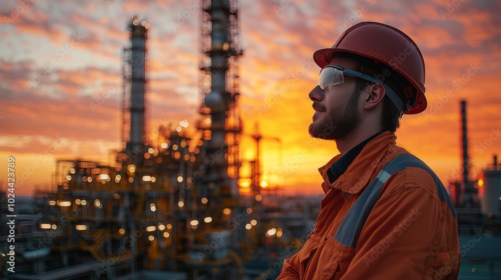 Obraz premium Engineer in hard hat watching refinery at sunset with industrial background