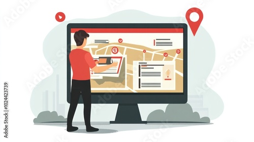 Local SEO strategies for better visibility, vector illustration showing a digital marketer working on business profiles
