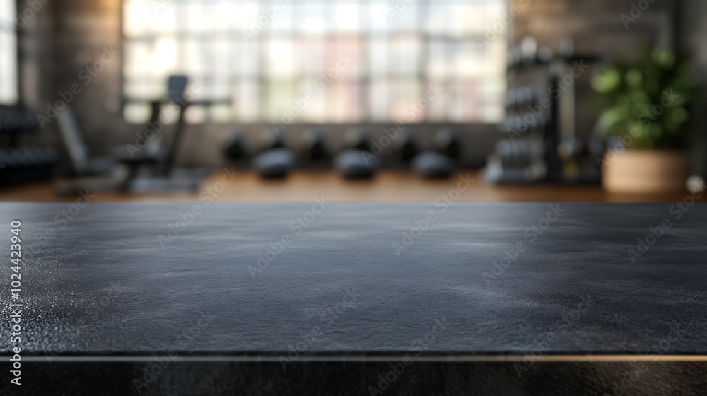 Black table top with gym background for product. Empty countertop mockup for sports nutrition or equipment. Black table top with gym background for product. Empty countertop mockup for sports nutrition or equipment.
