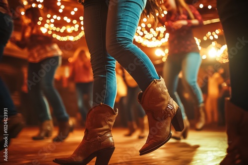 A lively scene of people engaged in country line dancing at a vibrant venue