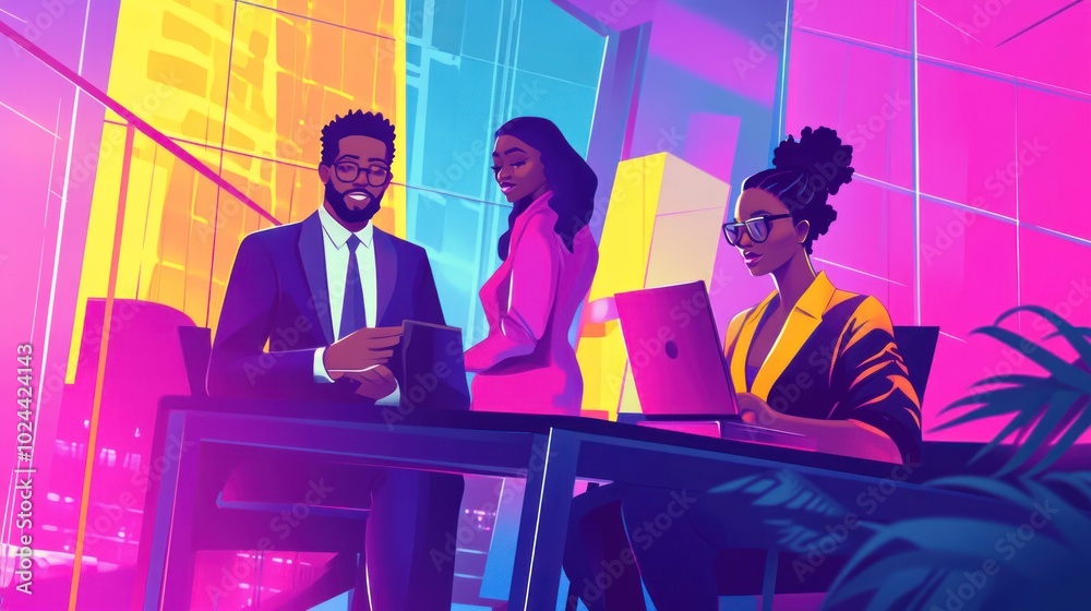 Multiethnic business team vector illustration, working together in a modern office with a vibrant, dynamic atmosphere