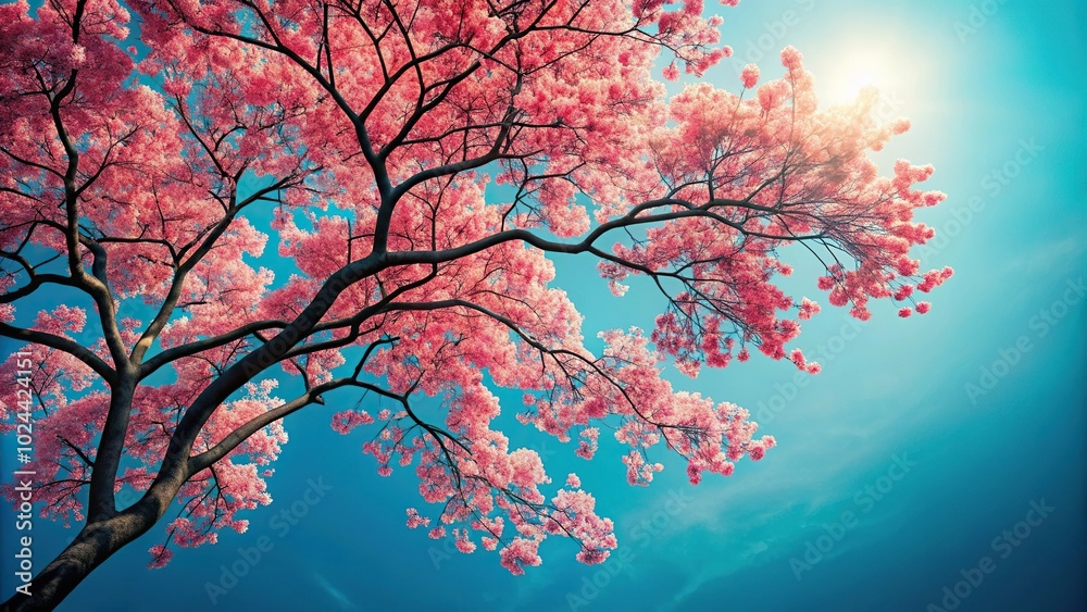 Low angle view of beautiful Sakura tree with red flowers against blue sky background Low angle view of beautiful Sakura tree with red flowers against blue sky background