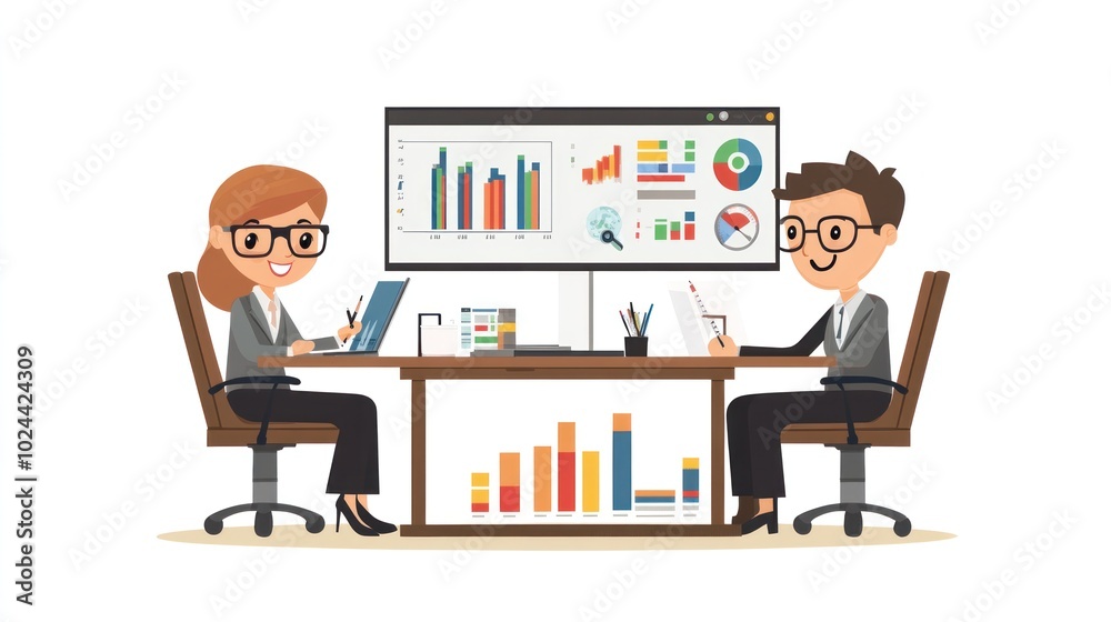 Fototapeta premium Office characters engaged in research, vector design showcasing teamwork and data analysis