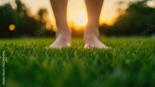 Biohacker Practicing Grounding on a Grassy Field at Sunrise for Improved Health and Sleep