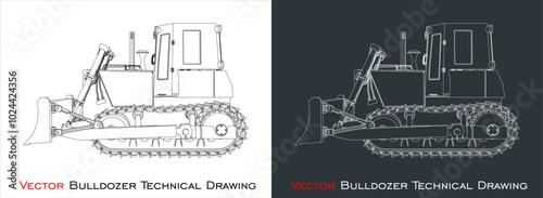 Vector bulldozer side view line blueprint wireframe technical drawing