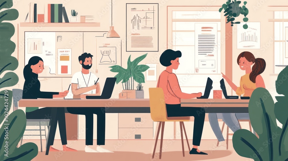 Office employees flat design illustration, showcasing characters working on digital projects and sharing ideas Office employees flat design illustration, showcasing characters working on digital projects and sharing ideas