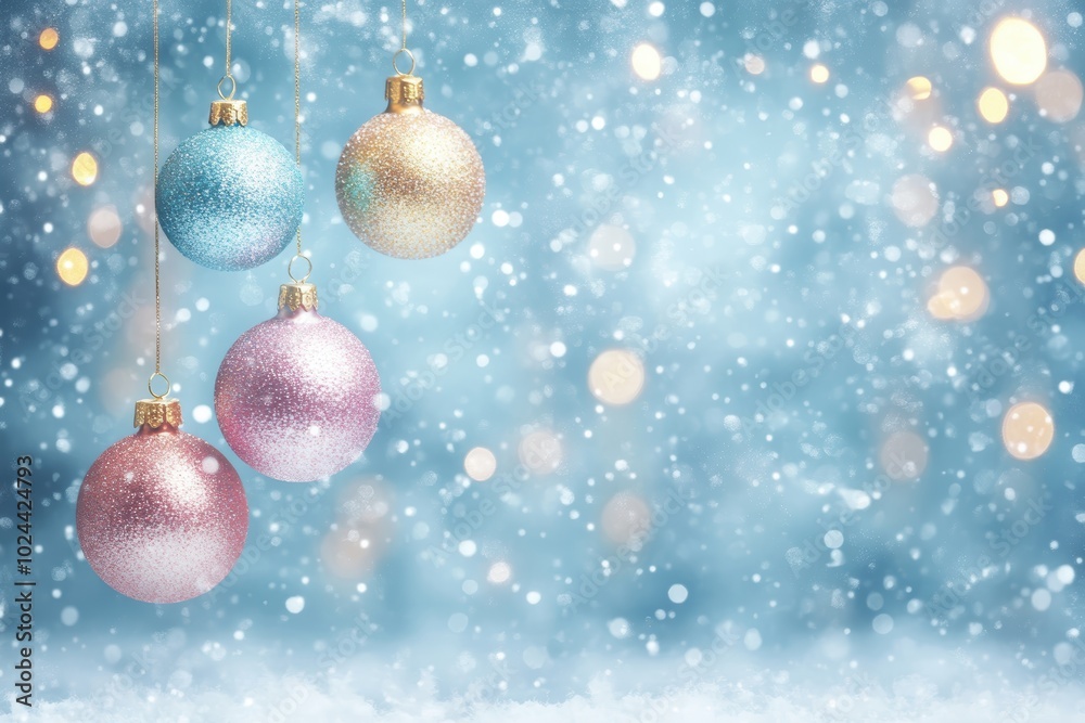 Sparkling Christmas ornaments in snowy winter backdrop Sparkling Christmas ornaments in snowy winter backdrop