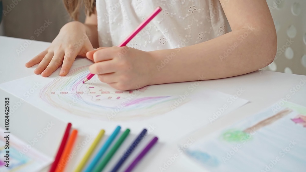 Close-up of a child's hands coloring a drawing with bright pencils. Young girl engaging in colorful artistic drawing and coloring activity using pencils. Enhancing creativity. Imagination Close-up of a child's hands coloring a drawing with bright pencils. Young girl engaging in colorful artistic drawing and coloring activity using pencils. Enhancing creativity. Imagination