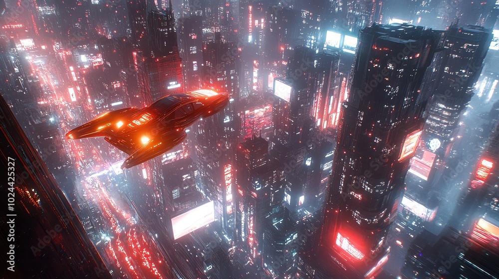 A futuristic flying car soaring over a neon-lit cyberpunk cityscape.