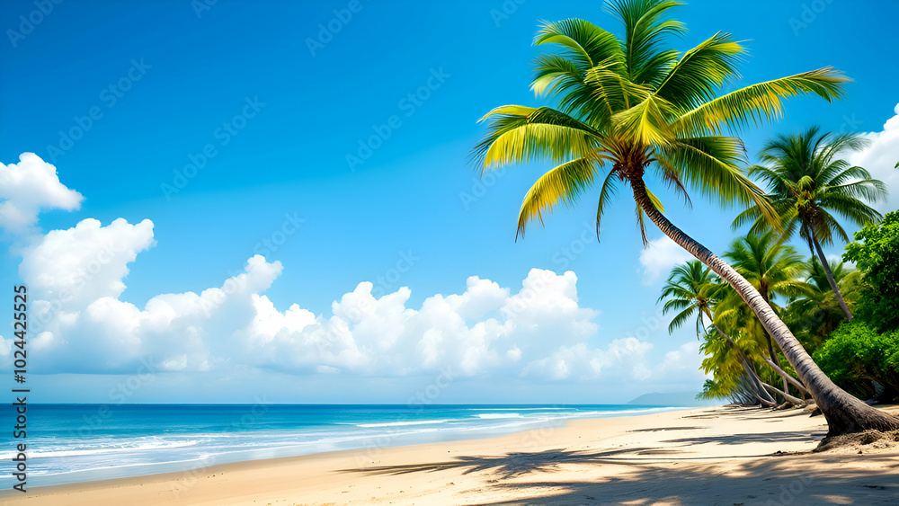 Fototapeta premium tropical beach scene with palm trees swaying gently in the breeze. The soft white sand meets the turquoise ocean waves, creating a postcard-perfect image. 