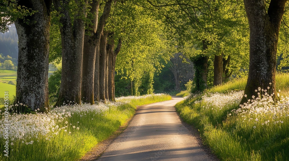Naklejka premium A winding road through a lush green forest with tall trees on both sides.