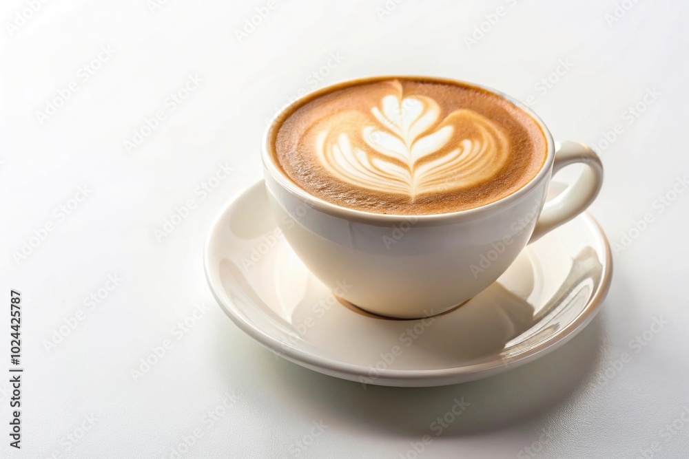 Low angle view of cappuccino latte coffee with foam in a white background Low angle view of cappuccino latte coffee with foam in a white background