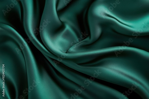 A luxurious, dark green silk fabric folded and draped, creating soft, flowing waves