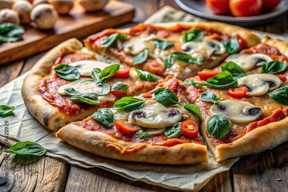 Low angle view of cheesy pizza with parmesan, champignon mushrooms, tomato sauce, spinach on thick crust Low angle view of cheesy pizza with parmesan, champignon mushrooms, tomato sauce, spinach on thick crust