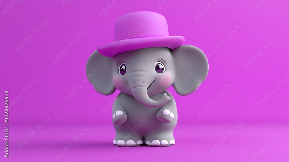 A cute cartoon elephant wearing a purple hat stands on a pink background. A cute cartoon elephant wearing a purple hat stands on a pink background.