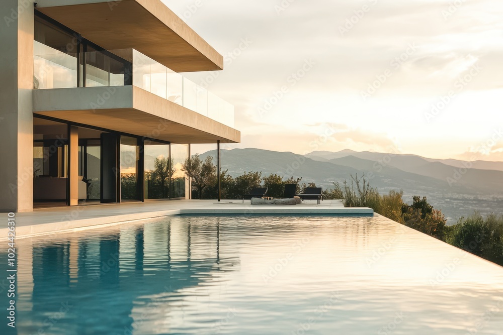 Fototapeta premium A luxurious, modern villa with large glass windows overlooking a spacious pool