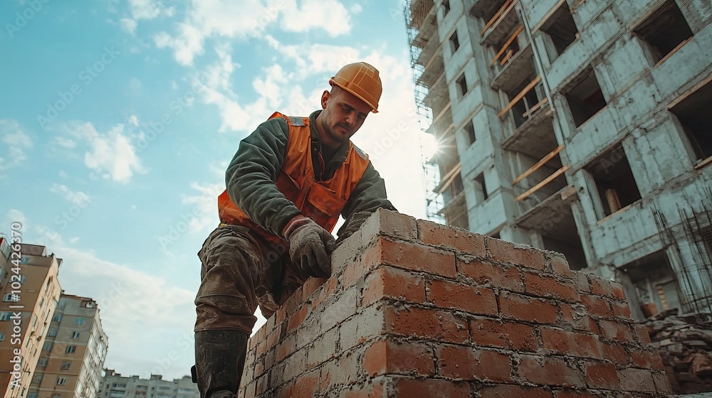 Construction worker laying bricks on a building site with unfinished walls Construction worker laying bricks on a building site with unfinished walls