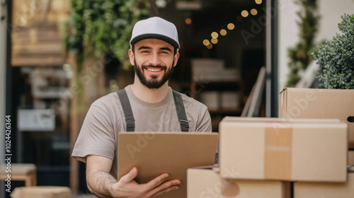 Delivery man smiling and holding a package