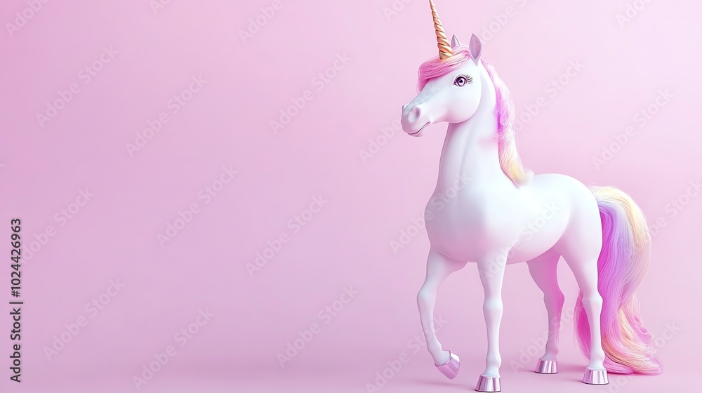 A white unicorn with a rainbow mane and tail stands on a pink background. A white unicorn with a rainbow mane and tail stands on a pink background.