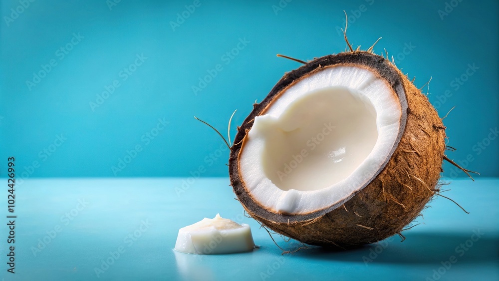 Low angle view of coconut with coconut milk against blue background Low angle view of coconut with coconut milk against blue background