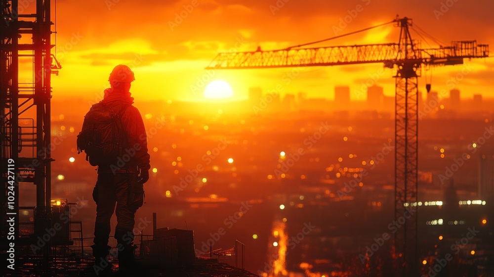 A construction worker stands on a building rooftop at sunset, silhouetted against the city skyline with a construction crane in the background. A construction worker stands on a building rooftop at sunset, silhouetted against the city skyline with a construction crane in the background.