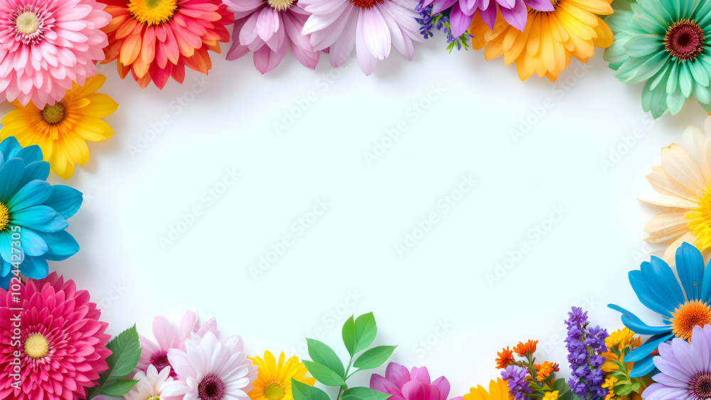 A vibrant border of various flowers surrounds a white background. The flowers include pink, red, yellow, blue, purple, and green, creating a cheerful and lively scene. A vibrant border of various flowers surrounds a white background. The flowers include pink, red, yellow, blue, purple, and green, creating a cheerful and lively scene.